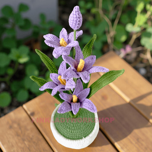 Crochet Gladiolus Flower Pot | Purple Yarn Flowers | Handmade Floral Decor | Faux Plant Gift | Spring Home Accent | Amigurumi Bloom