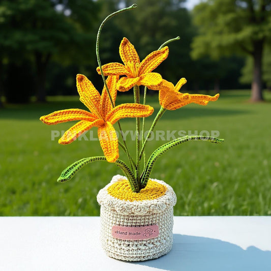 Crochet Autumn Zephyrlily Pot | Rain Lily Yarn Flowers | Handmade Floral Decor | Amigurumi Plant | Faux Bloom Gift | Fall Accent
