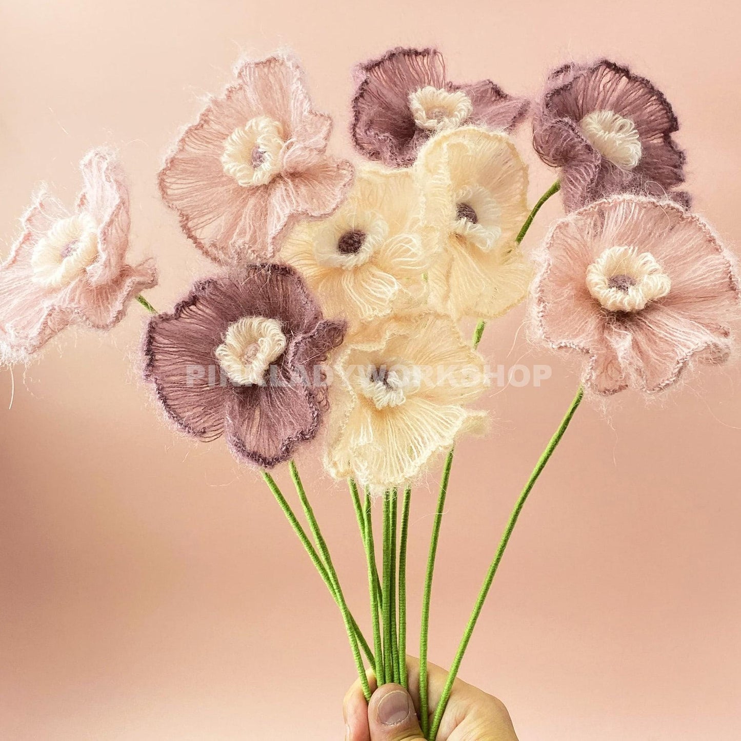 Handmade Crochet Iceland Poppy Bouquet(no vase) | Fuzzy Yarn Flowers | Handmade Pastel Decor | Soft Faux Floral Stem | Cozy Home Accent