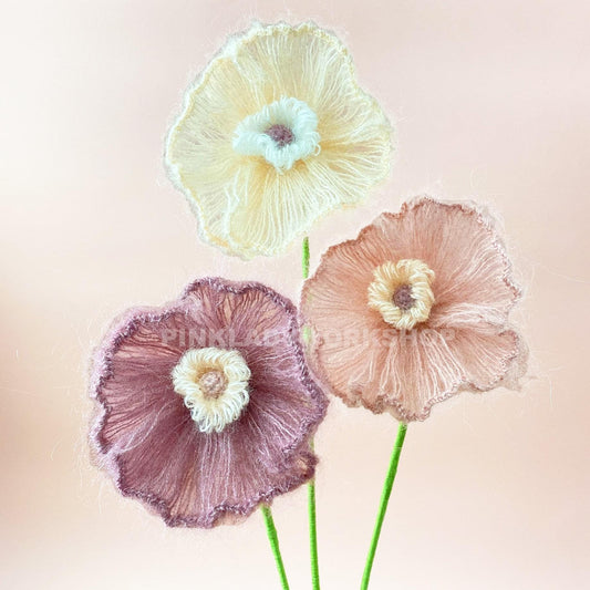 Handmade Crochet Iceland Poppy Bouquet(no vase) | Fuzzy Yarn Flowers | Handmade Pastel Decor | Soft Faux Floral Stem | Cozy Home Accent