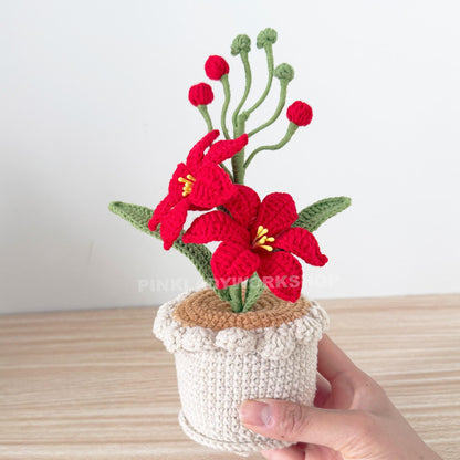Crochet Coppertips Flower Pot | Red Crochet Lily | Handmade Amigurumi Plant | Floral Home Decor | Gift for Plant Lovers | Pinklady Workshop