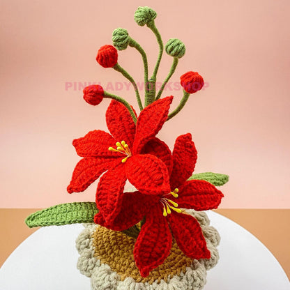 Crochet Coppertips Flower Pot | Red Crochet Lily | Handmade Amigurumi Plant | Floral Home Decor | Gift for Plant Lovers | Pinklady Workshop