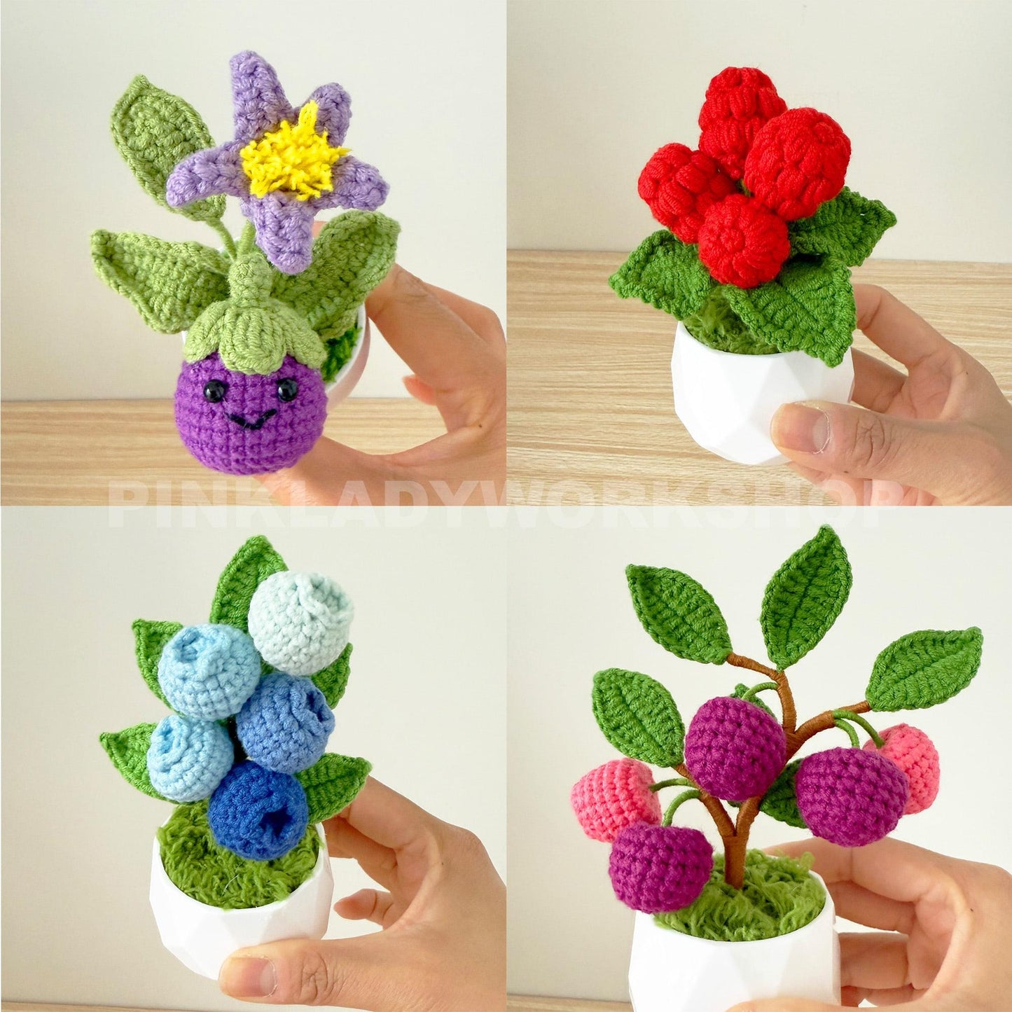 Handmade Crochet Fruit Vegetable Pot | Kawaii Plants | Mini Decor | Avocado, Cherry, Banana, Lemon, Pear, Eggplant, Raspberry, Blueberry