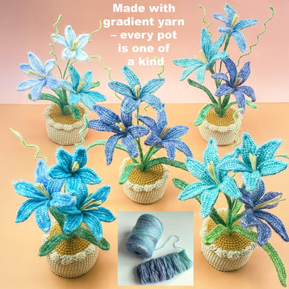 Handmade Crochet Rain Lily Flower Pot | Amigurumi Lily Decor | Gradient Yarn Flower Arrangement | Soft Sculpture Plant Gift | Pink Blue