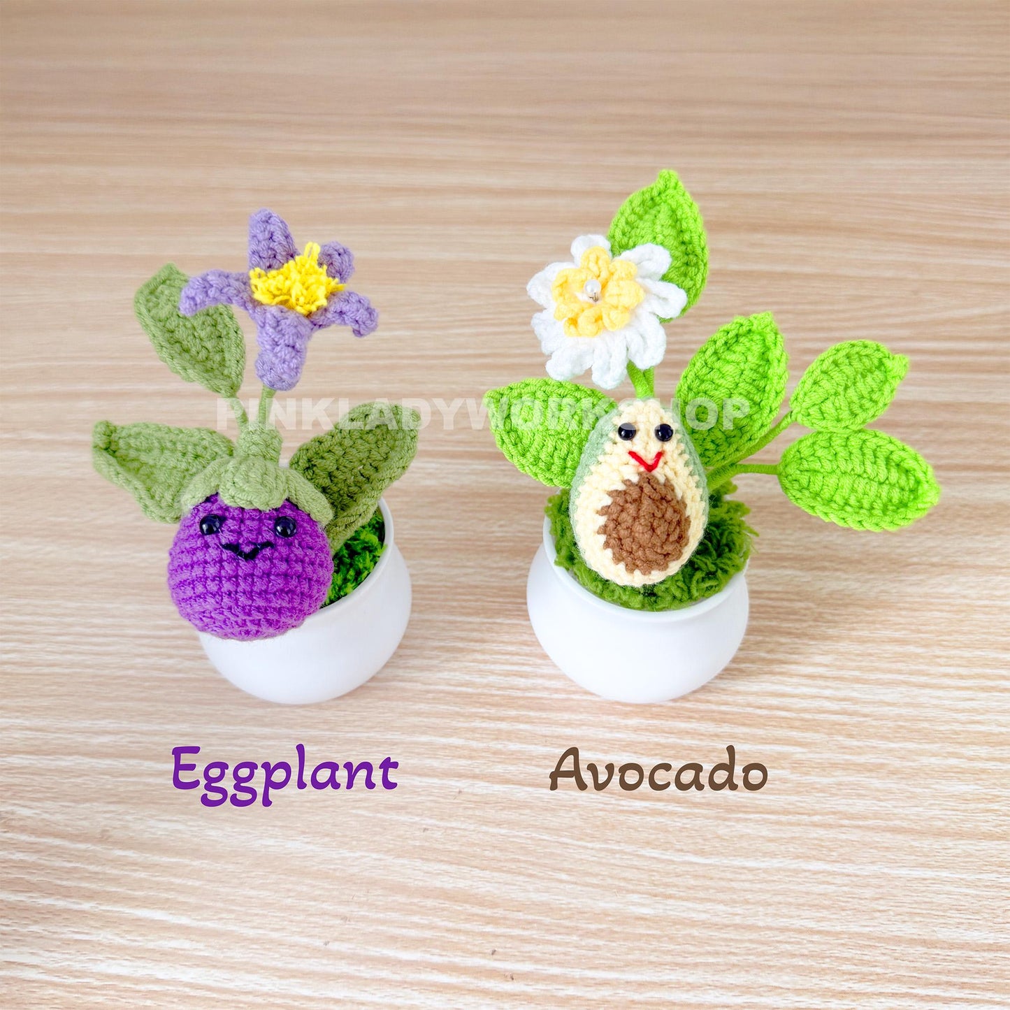 Handmade Crochet Fruit Vegetable Pot | Kawaii Plants | Mini Decor | Avocado, Cherry, Banana, Lemon, Pear, Eggplant, Raspberry, Blueberry