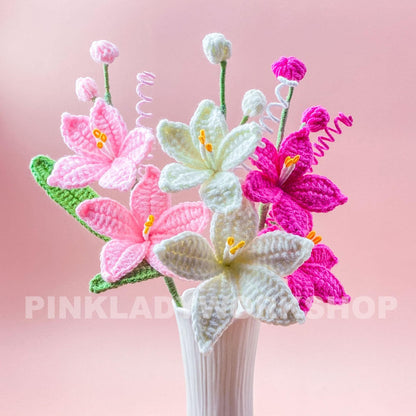 Set of 3 (1 White, 1 Baby Pink, 1 Royal Pink) Handmade Crochet Coppertips Flower(no vase) | Soft Yarn Bouquet Lily Arrangement | Floral Gift