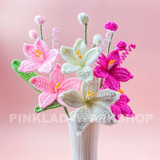Set of 3 (1 White, 1 Baby Pink, 1 Royal Pink) Handmade Crochet Coppertips Flower(no vase) | Soft Yarn Bouquet Lily Arrangement | Floral Gift