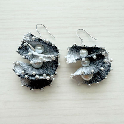 Handmade Micro Crochet Earrings | Spiral Shell Earrings | Beaded Yarn Jewelry | Statement Pearl Earring | Black White Crochet Art