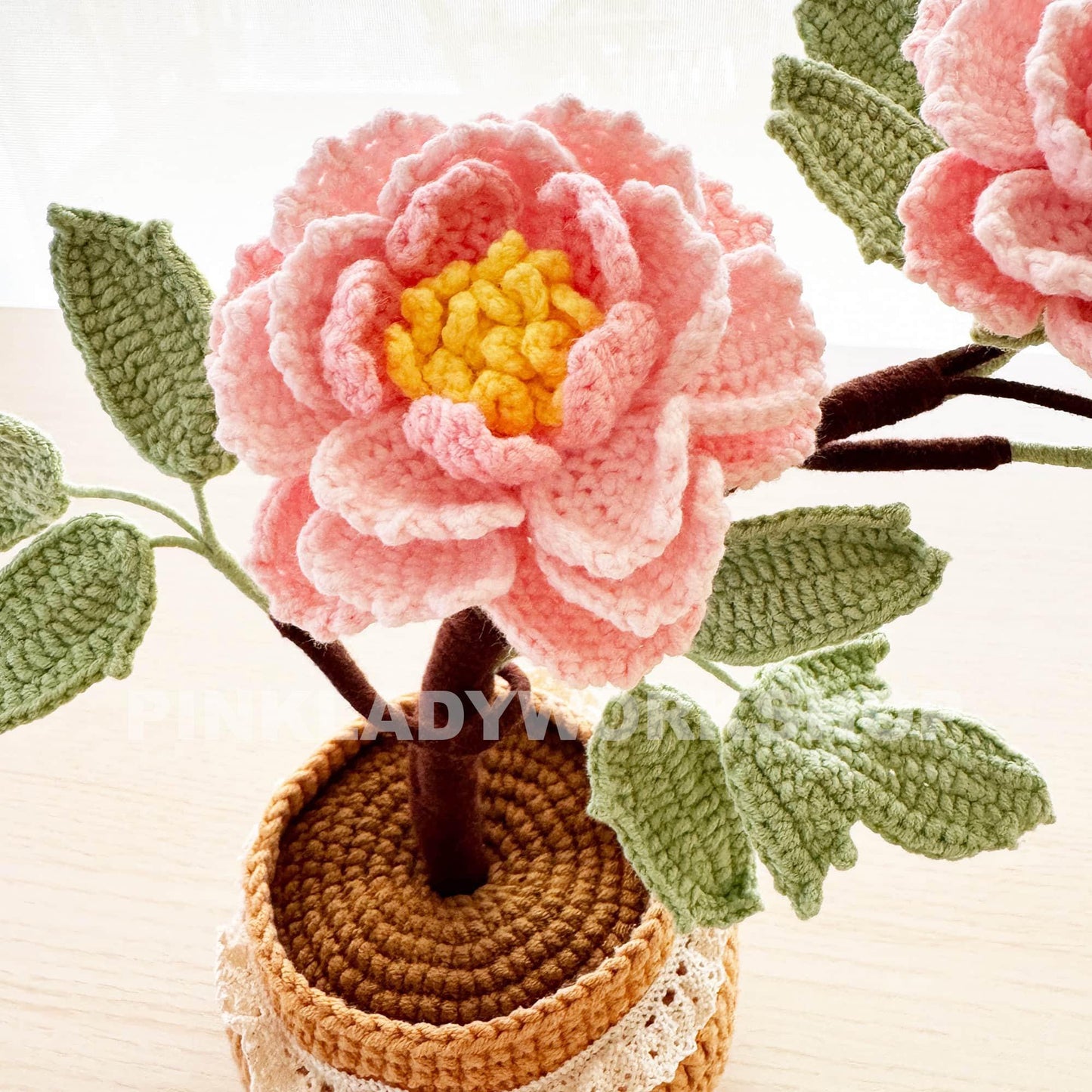 Handmade Crochet Peony Flower Pot: Cotton Yarn Home Decor