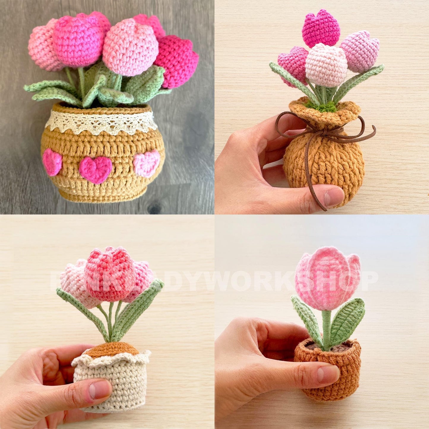 Handmade Crochet Flower Pot (included) Vase (included) | Pink Tulip Decor | Pink Crochet Flower | Decorative Plants | Crochet Flowers