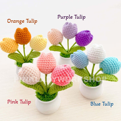 Handmade Crochet Flower Pot (included) Vase (included) | Pink Tulip Decor | Pink Crochet Flower | Decorative Plants | Crochet Flowers