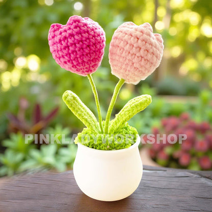 Handmade Crochet Flower Pot (included) Vase (included) | Pink Tulip Decor | Pink Crochet Flower | Decorative Plants | Crochet Flowers
