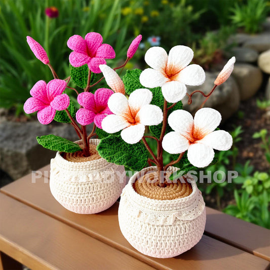 Handmade Crochet Plumeria Pot: Tropical Yarn Flower Decor