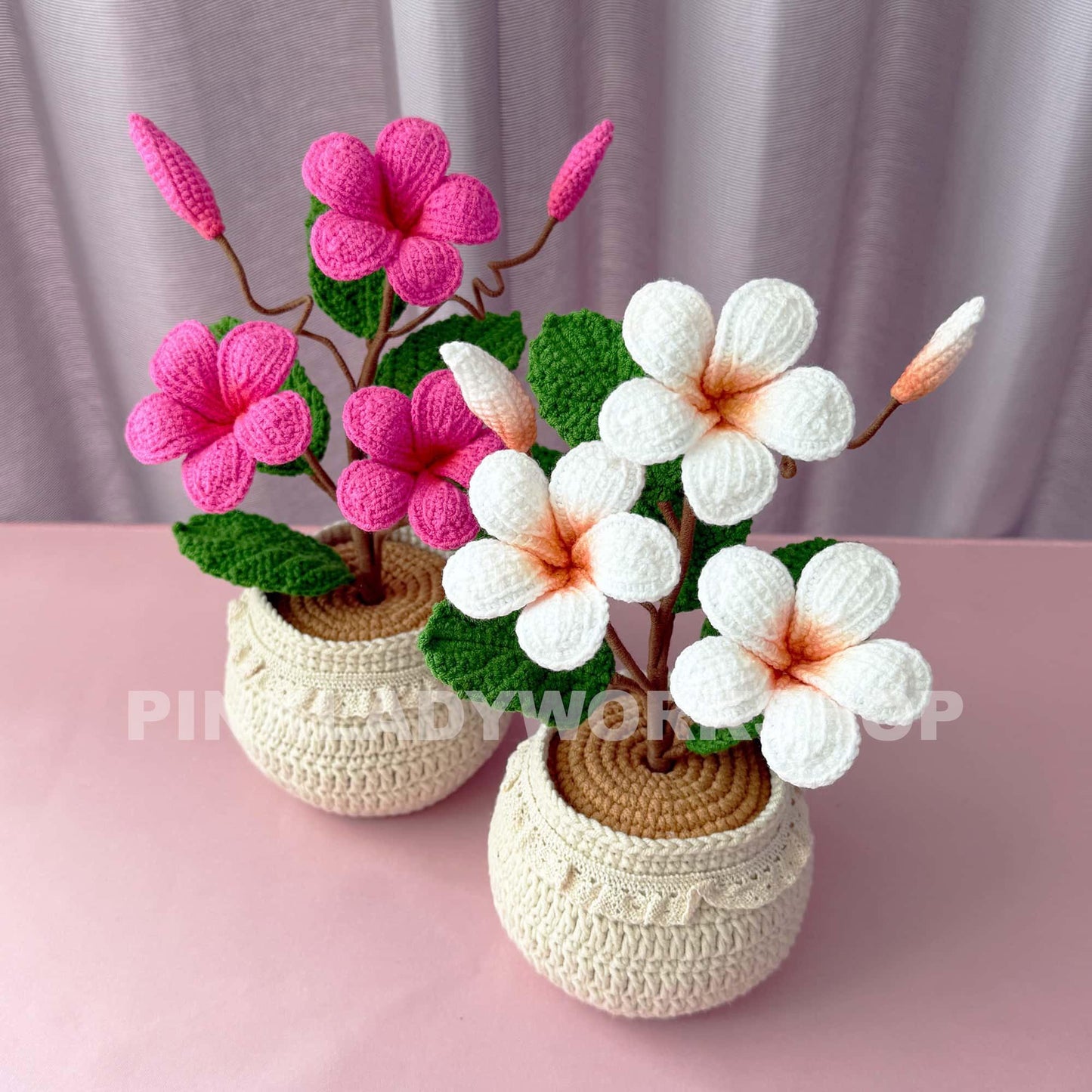 Handmade Crochet Plumeria Pot: Tropical Yarn Flower Decor