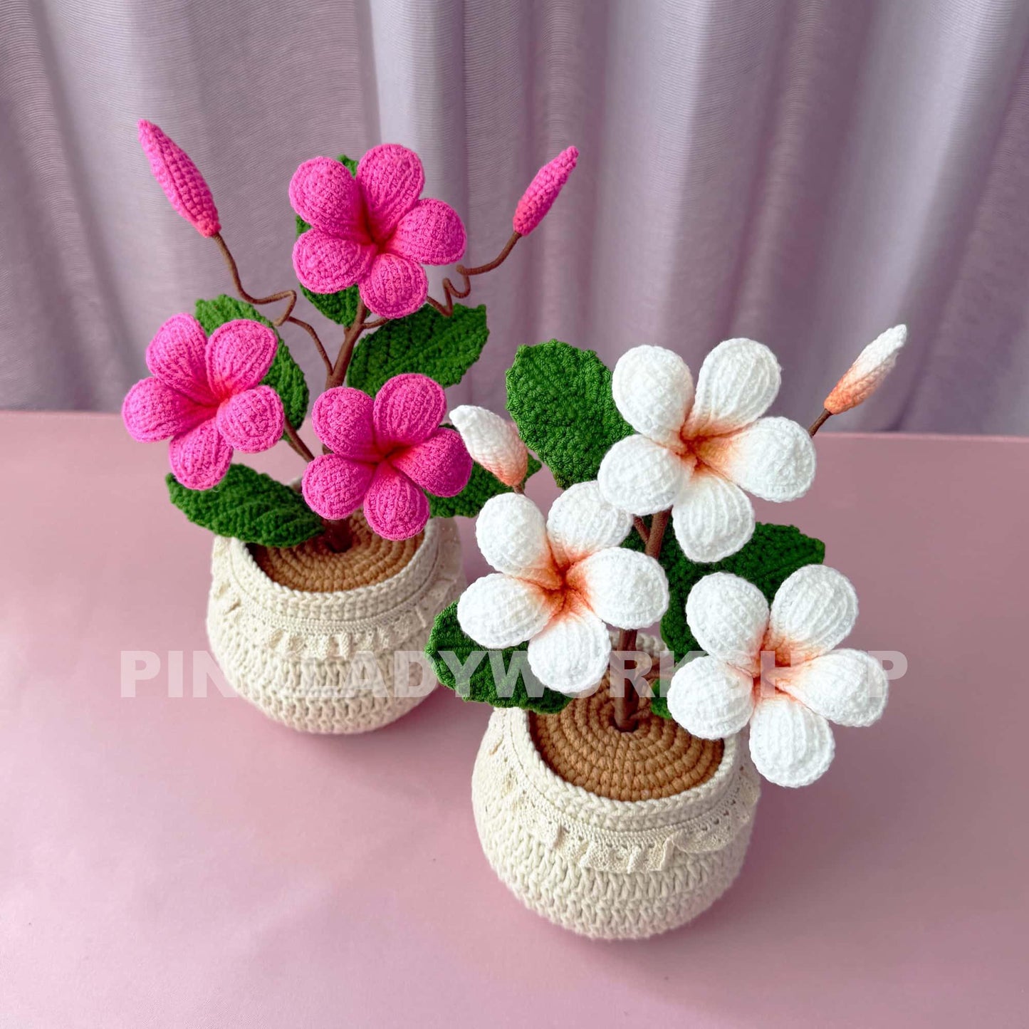 Handmade Crochet Plumeria Pot: Tropical Yarn Flower Decor