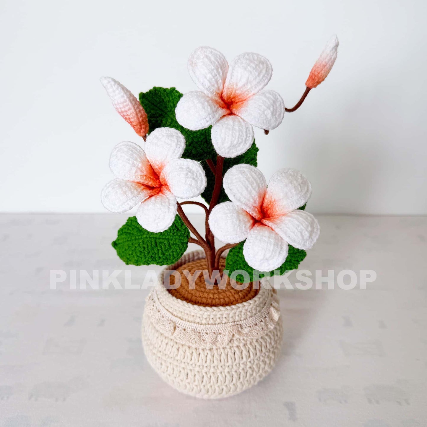 Handmade Crochet Plumeria Pot: Tropical Yarn Flower Decor