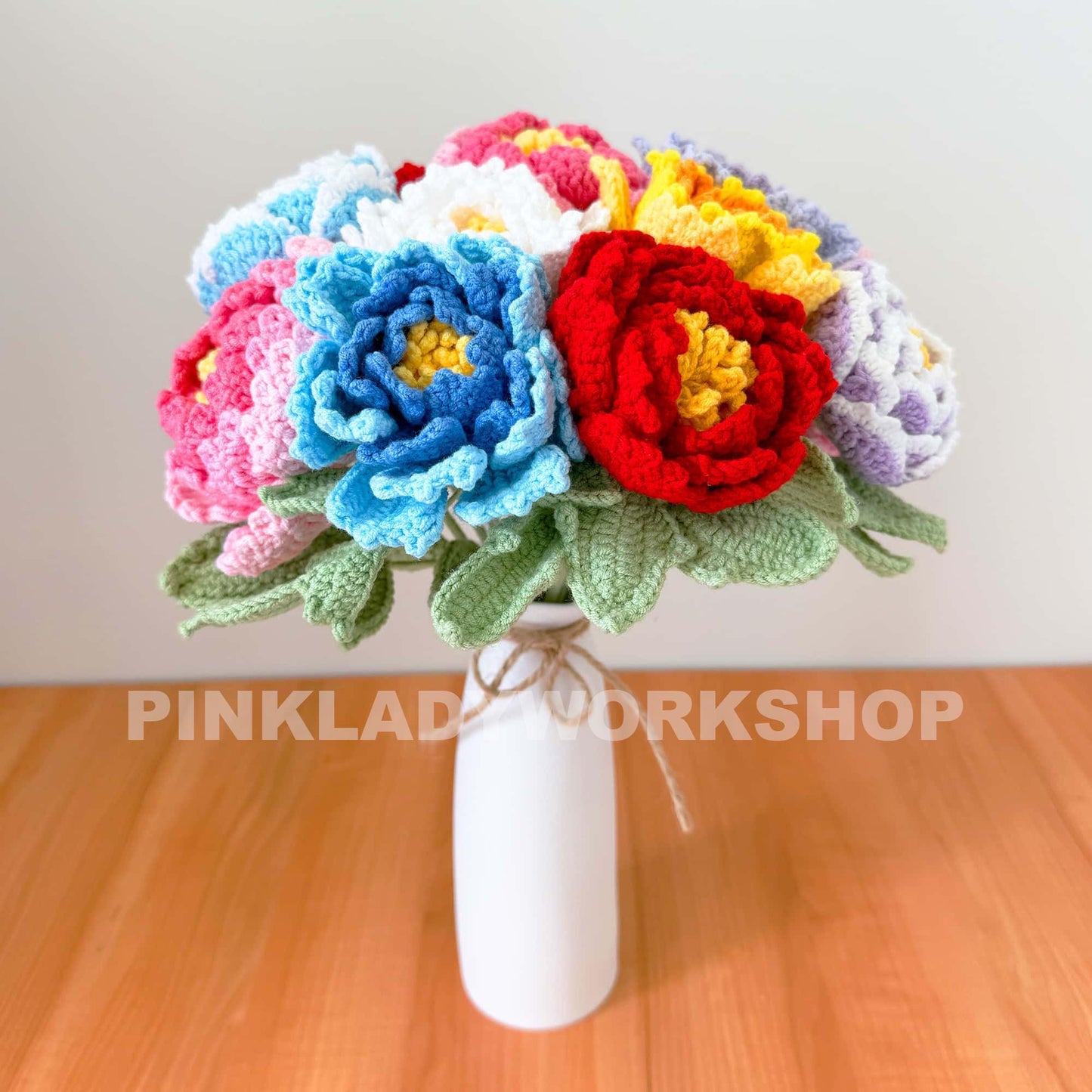 Handmade Crochet Peony Flower Stems (no vase) | Pink | Bouquet | Gift for Mom Girlfriend Teacher | Artificial Plant | Flowers Arrangement