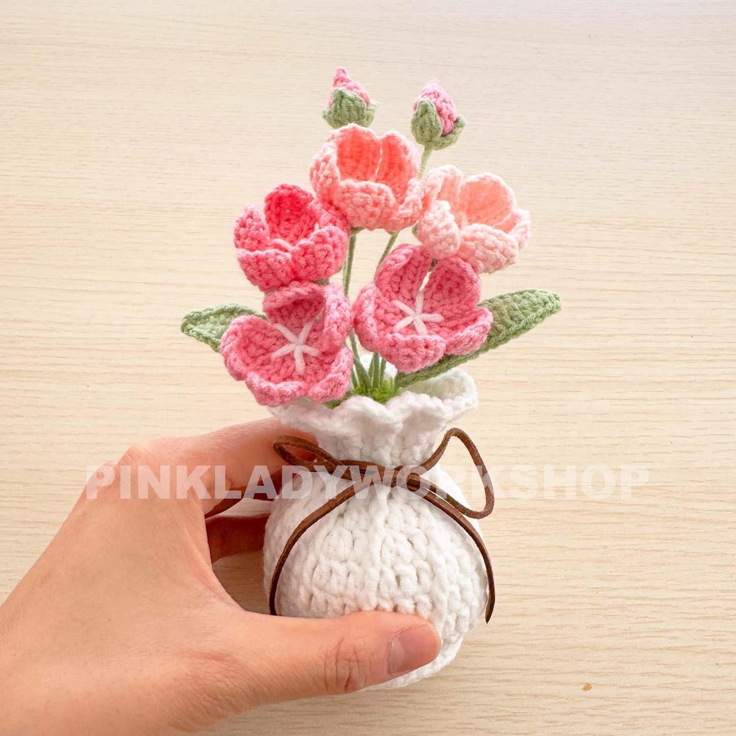 Handmade Crochet Primroses Vase: Pink & White Yarn Flowers