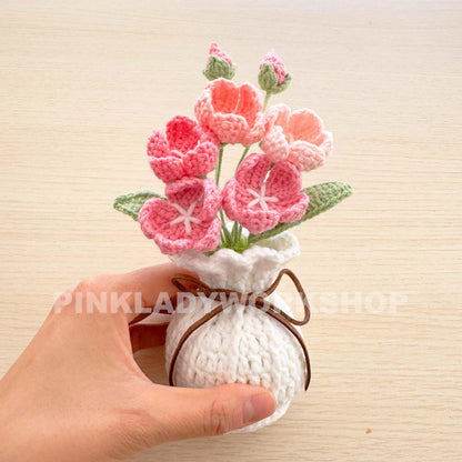 Handmade Crochet Primroses Vase: Pink & White Yarn Flowers