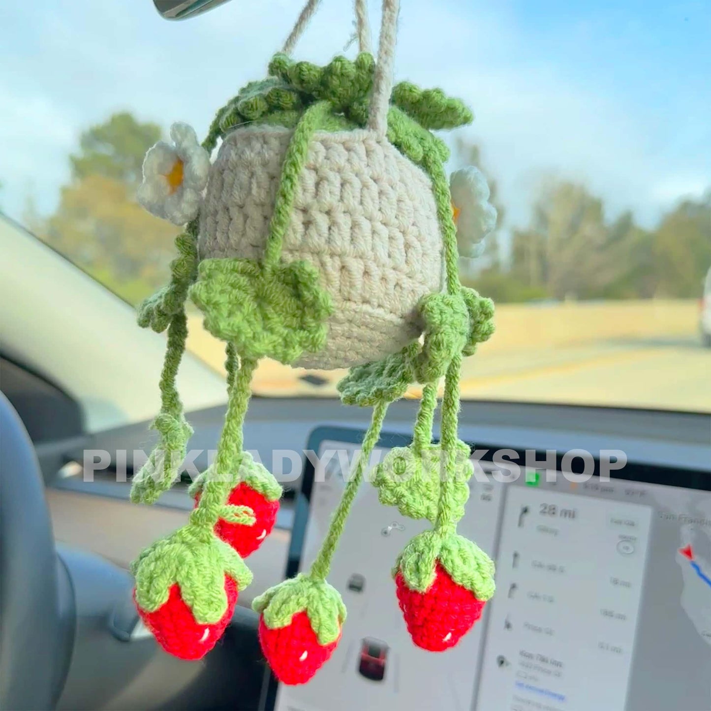 Crochet Strawberry Car Charm: Handmade Hanging Car Accessory
