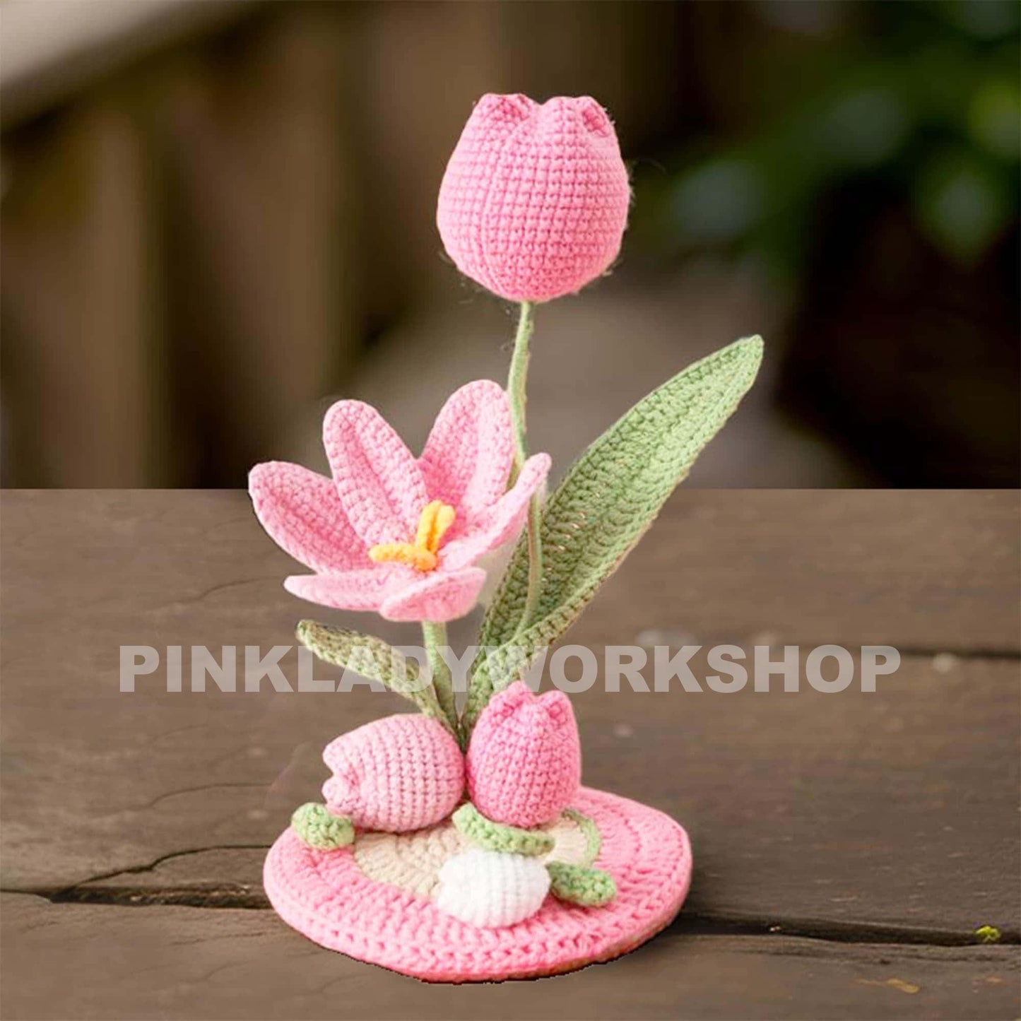 Handmade Crochet Tulip Phone Holder: Pink Desk Decor