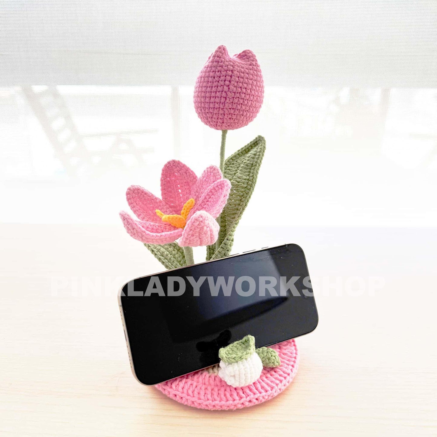 Handmade Crochet Tulip Phone Holder: Pink Desk Decor
