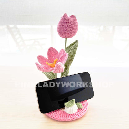 Handmade Crochet Tulip Phone Holder: Pink Desk Decor