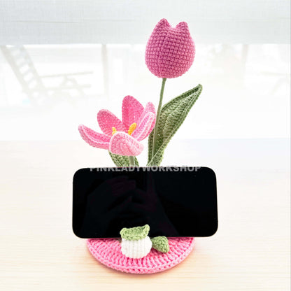 Handmade Crochet Tulip Phone Holder: Pink Desk Decor