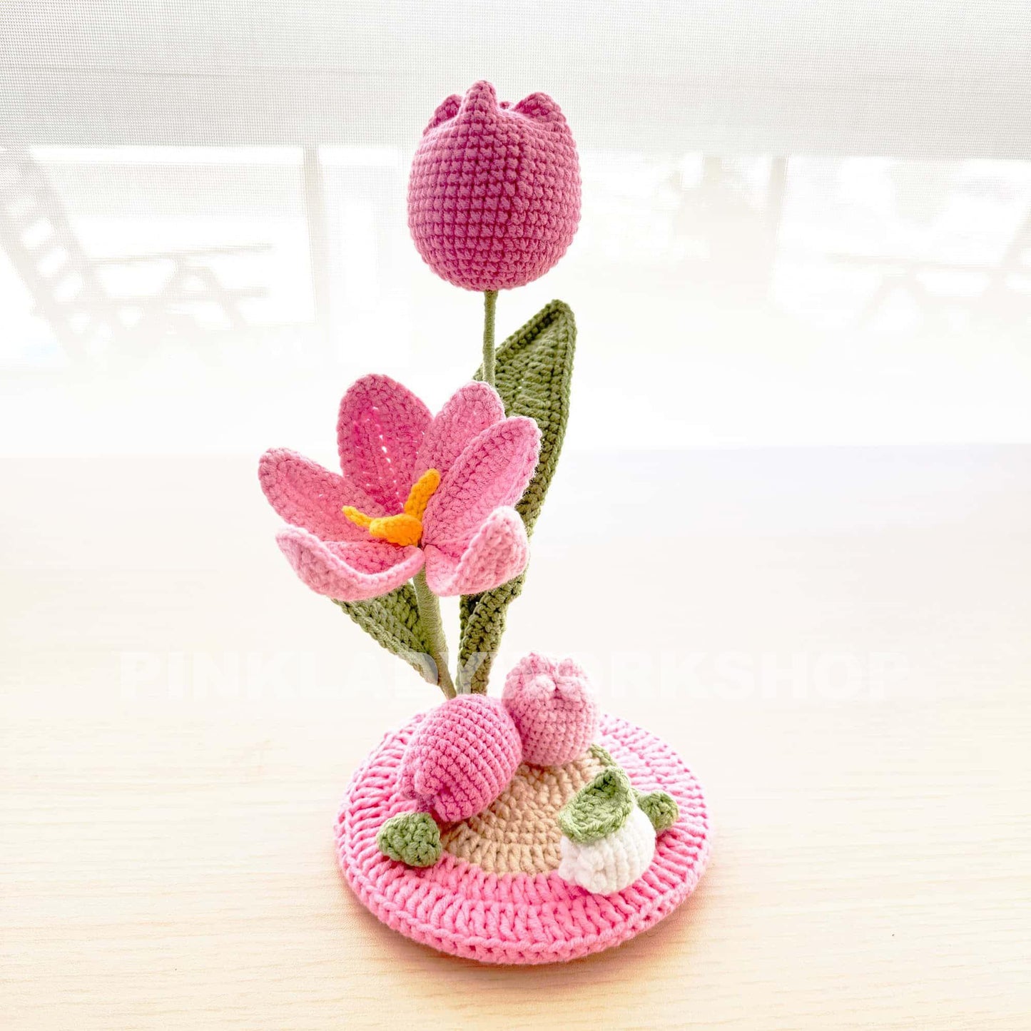 Handmade Crochet Tulip Phone Holder: Pink Desk Decor