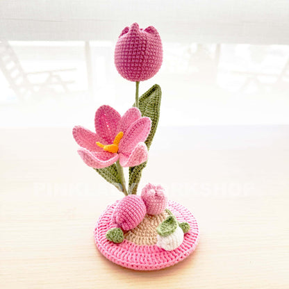 Handmade Crochet Tulip Phone Holder: Pink Desk Decor