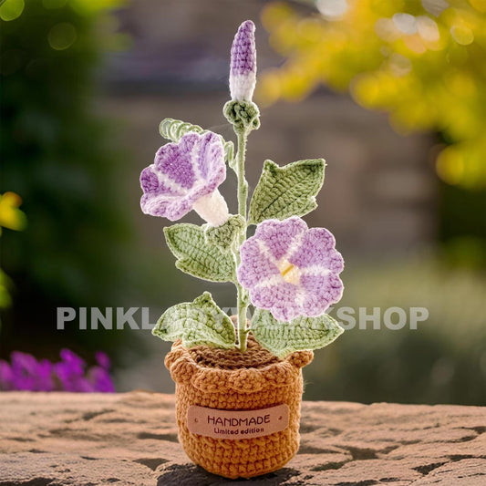 Handmade Crochet Morning Glory Plant: Purple Home Decor