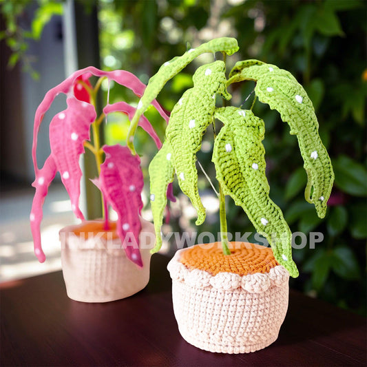 Handmade Crochet Begonia Flamingo Plant: Polka Dot Leaf Decor