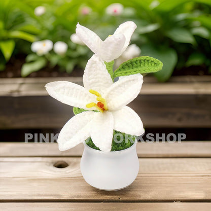 Crochet White Lily Bonsai: Handmade Cotton Flower Decor