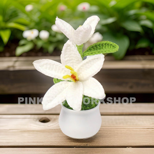 Crochet White Lily Bonsai: Handmade Cotton Flower Decor