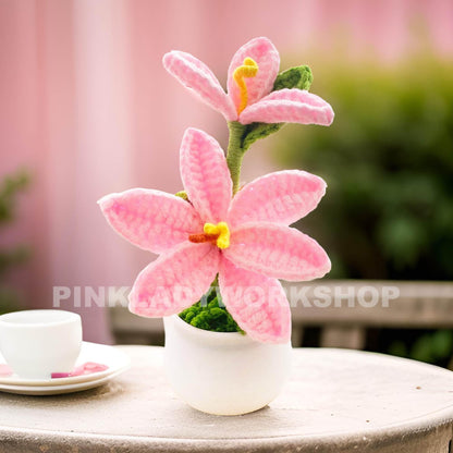 Crochet White Lily Bonsai: Handmade Cotton Flower Decor