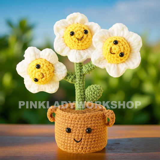 Handmade Crochet Smiley Daisy Pot: Kawaii Amigurumi Flower Decor