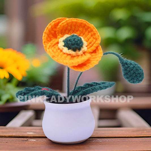 Crochet Poppy Flower Pot: Handmade Cotton Desk Decor