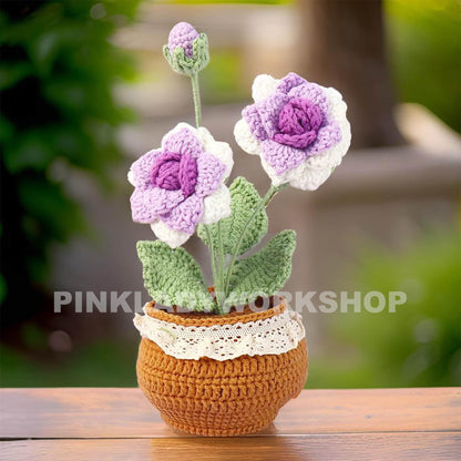 Handmade Crochet Pink Rose Pot: Yarn Flower Decor, 8" Tall