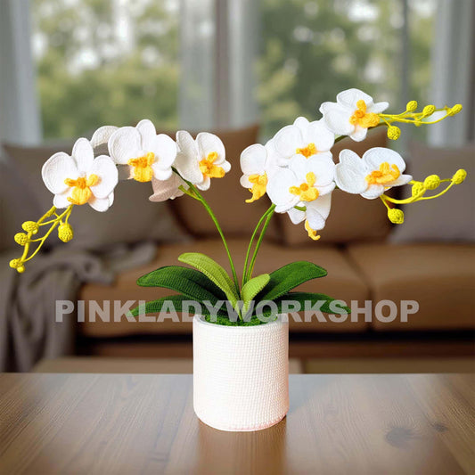 Handmade Crochet Orchid Pot: White & Green Flower Arrangement