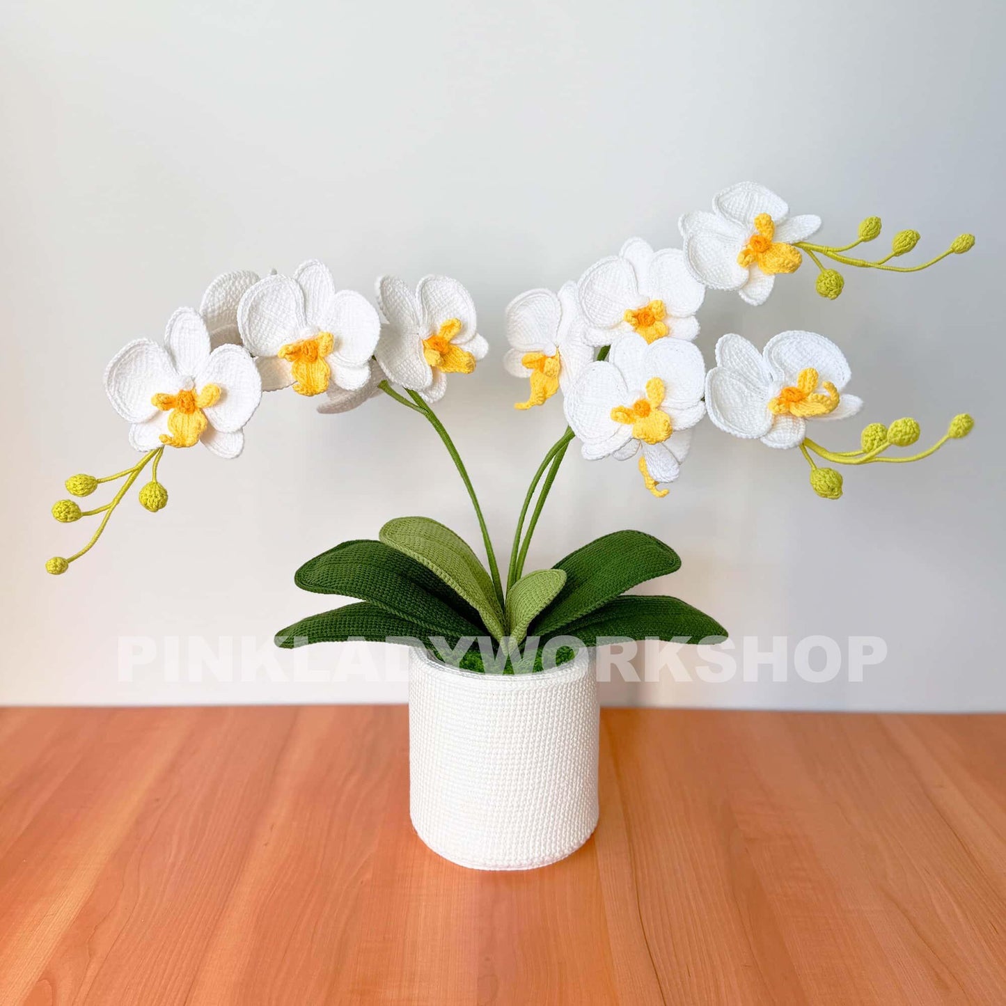 Handmade Crochet Orchid Pot: White & Green Flower Arrangement