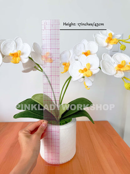 Handmade Crochet Orchid Pot: White & Green Flower Arrangement