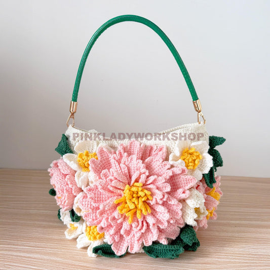 Handmade Crochet Peony Bag | Flower Purse | Pink White Floral Bag | 3D Crochet Flower Bag | Spring Handbag | Cottagecore Style