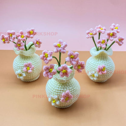 Handmade Crochet Sakura Vase Charm | Japanese Style Home Decor | Pink Flower Bag Charm | Car Hanging Ornament | Kawaii Amigurumi Gift