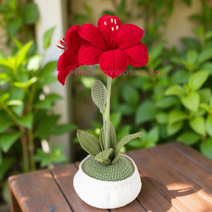 Handmade Crochet Amaryllis Flower Pot | Red Lily Decor | Handmade Hippeastrum | Holiday Table Centerpiece | Yarn Plant
