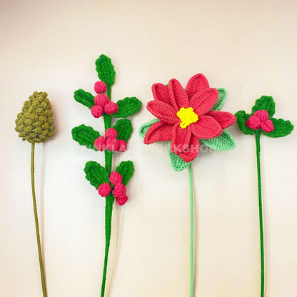 Handmade Crochet Christmas Bouquet | Poinsettia Pine Holly | Handmade Holiday Flowers | Amigurumi Decor | Festive Faux Arrangement Yarn Gift