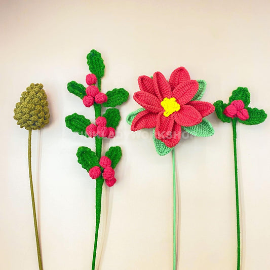 Handmade Crochet Christmas Bouquet | Poinsettia Pine Holly | Handmade Holiday Flowers | Amigurumi Decor | Festive Faux Arrangement Yarn Gift