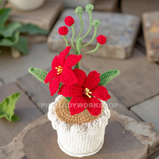 Crochet Coppertips Flower Pot | Red Crochet Lily | Handmade Amigurumi Plant | Floral Home Decor | Gift for Plant Lovers | Pinklady Workshop
