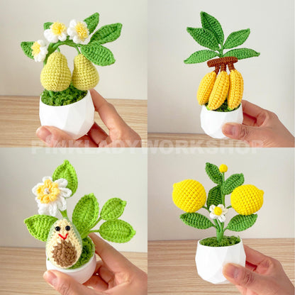Handmade Crochet Fruit Vegetable Pot | Kawaii Plants | Mini Decor | Avocado, Cherry, Banana, Lemon, Pear, Eggplant, Raspberry, Blueberry
