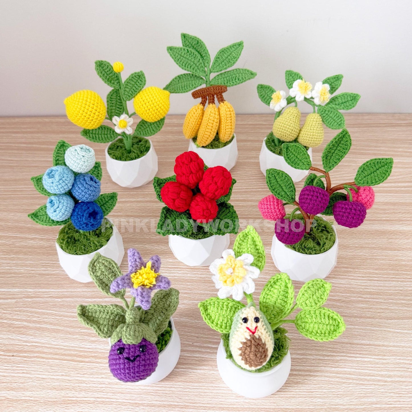 Handmade Crochet Fruit Vegetable Pot | Kawaii Plants | Mini Decor | Avocado, Cherry, Banana, Lemon, Pear, Eggplant, Raspberry, Blueberry