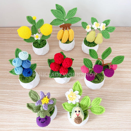 Handmade Crochet Fruit Vegetable Pot | Kawaii Plants | Mini Decor | Avocado, Cherry, Banana, Lemon, Pear, Eggplant, Raspberry, Blueberry